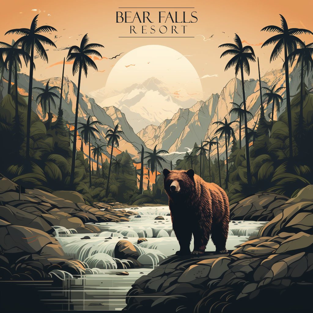 Illustrated Bear Falls Resort waterfall card used in the guest rooms.